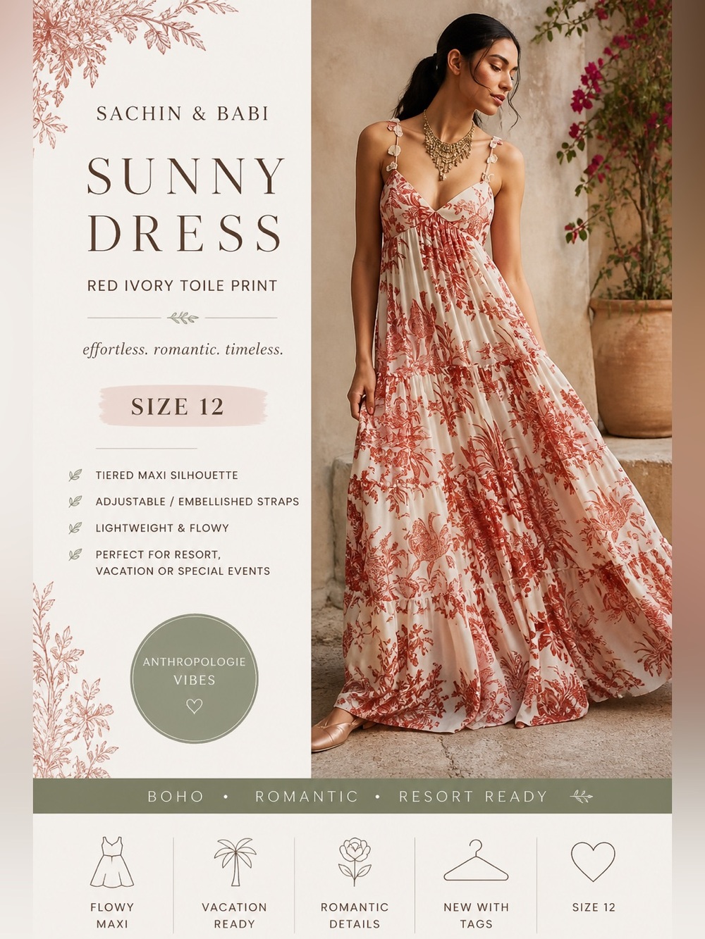 SACHIN + BABI Sunny Dress in Red Ivory Toile Print Flowy Maxi Long Boho NEW $550